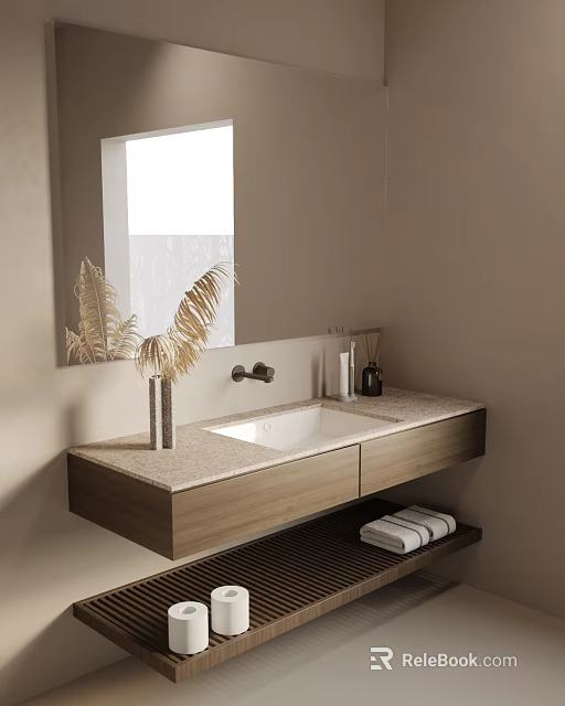 Modern Bathroom Vanity With Wooden Cabinet Countertop Towel Rack And Dried Fern 3d model 