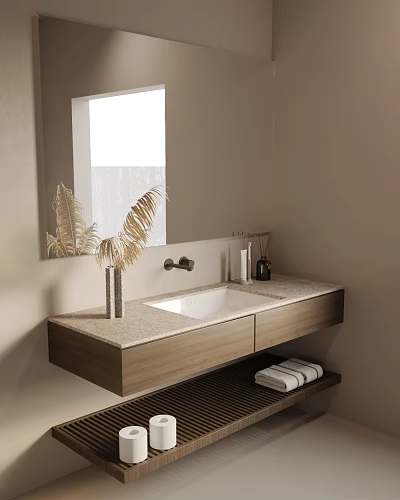 Modern Bathroom Vanity With Wooden Cabinet Countertop Towel Rack And Dried Fern 3d model