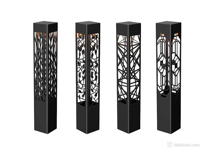 Black Columnar Outdoor Lights With Intricate Cutout Patterns And Modern Design 3d model 