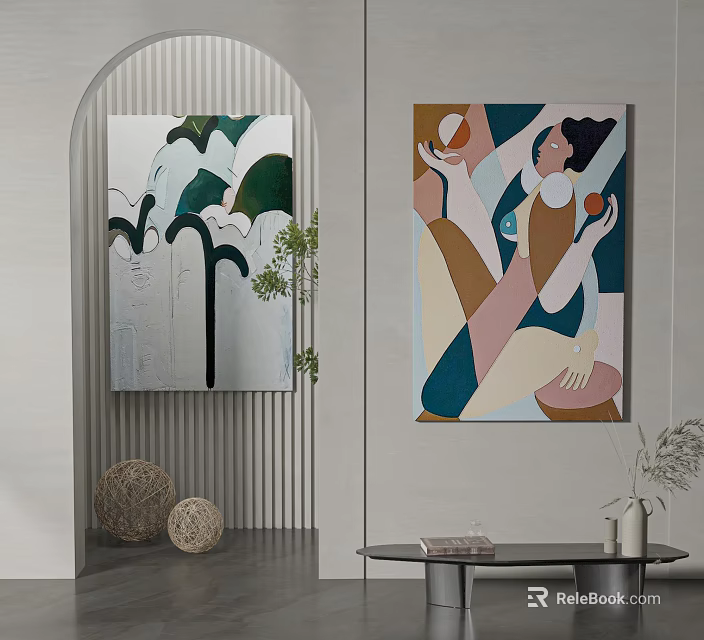 Modern Interior with Abstract Paintings Decorative Balls Plants and Table 3d model