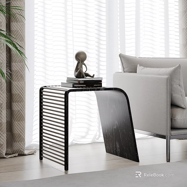 Sleek Black Side Table with Sculpture and Books in Living Room with Sofa and Curtains 3d model 