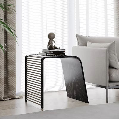 Sleek Black Side Table with Sculpture and Books in Living Room with Sofa and Curtains 3d model
