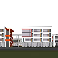 Modern School Campus Buildings With Wooden Slat Windows And Connected Stairs On Green Lawn