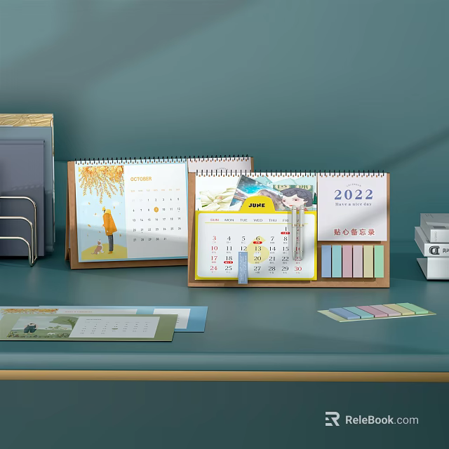 2022 Calendar On Desk With Colorful Sticky Notes And Stationery Items 3d model 