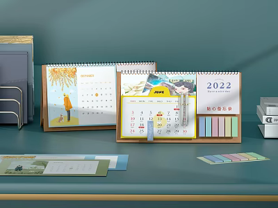 2022 Calendar On Desk With Colorful Sticky Notes And Stationery Items 3d model