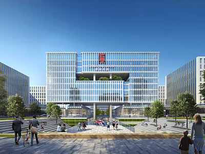Modern Office Building With Glass Curtain Walls And Spacious Plaza With People Walking 3d model