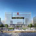 Modern Office Building With Glass Curtain Walls And Spacious Plaza With People Walking