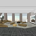 Modern Hotel Public Lounge With Comfortable Seating Large Windows Green Plants And Soft Carpet