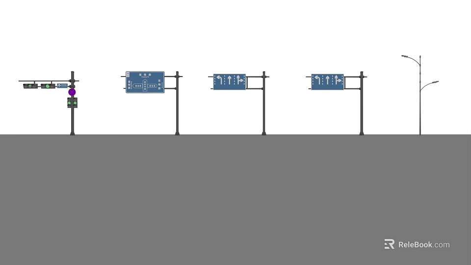 Multiple Blue Road Signs On Poles Along Urban Street With Directional Details 3d model 