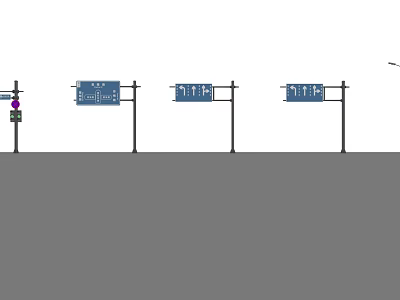 Multiple Blue Road Signs On Poles Along Urban Street With Directional Details 3d model