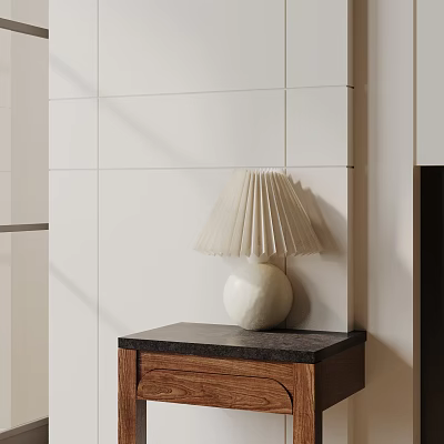 Pleated Lampshade Table Lamp With White Base On Dark Countertop Wooden Cabinet White Tiled Wall 3d model