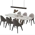 Dining Table Set With Oval Marble Top Light Gray Wavy Chairs And Black Pendant Light 3d model