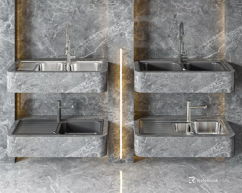 Stainless Steel Kitchen Sinks Mounted on Gray Marble Walls with Modern Faucets 3d model 