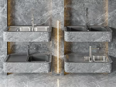 Stainless Steel Kitchen Sinks Mounted on Gray Marble Walls with Modern Faucets 3d model