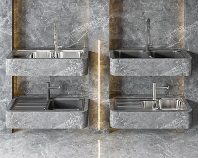 Stainless Steel Kitchen Sinks Mounted on Gray Marble Walls with Modern Faucets 3d model Stainless Steel Kitchen Sinks Mounted on Gray Marble Walls with Modern Faucets 3d model