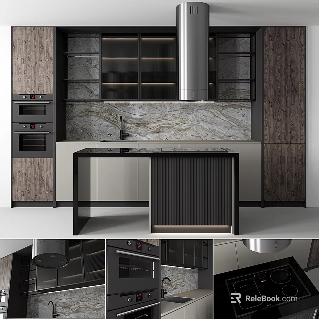 Modern Kitchen With Stylish Dark Cabinets And Marble Countertop Design 3d model 