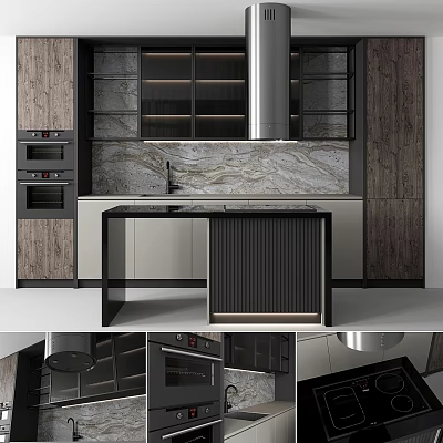 Modern Kitchen With Stylish Dark Cabinets And Marble Countertop Design 3d model
