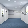 Modern Elevator Hallway With White Structure Circular Cutouts Green Plants And Gray Stone Tile Floor