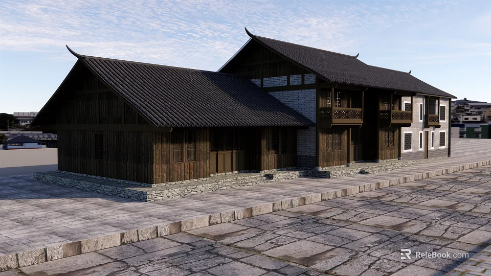 Traditional Chinese Ancient Building With Wooden Structure Overhanging Eaves Black Tiled Roof And Stone Pavement 3d model 