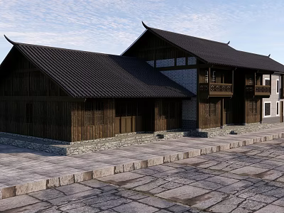 Traditional Chinese Ancient Building With Wooden Structure Overhanging Eaves Black Tiled Roof And Stone Pavement 3d model