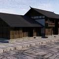 Traditional Chinese Ancient Building With Wooden Structure Overhanging Eaves Black Tiled Roof And Stone Pavement