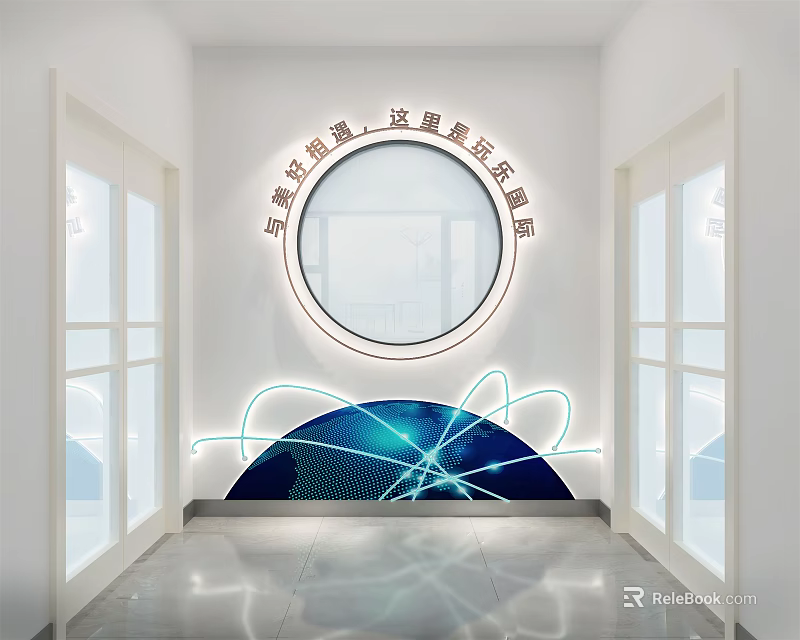Modern Background Wall with Circular Window Chinese Characters Blue White Line Decor Glass Windows on Sides Smooth Floor 3d model 