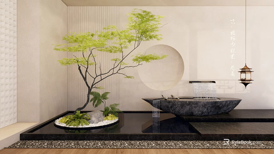 Zen Courtyard Garden Design With Bonsai Tree Stone Basin And Water Feature 3d model 