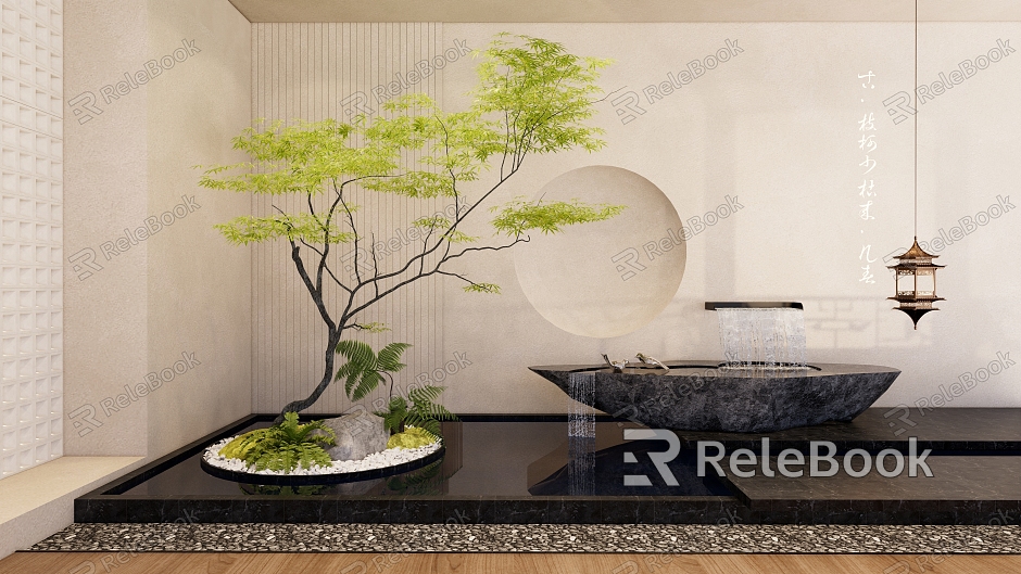 Courtyard sketch new Chinese style landscape landscaping courtyard landscape sketch pine stone stone indoor landscape pine moss withered mountain stone Zen landscape model