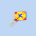 Yellow Red and Purple Geometric Kite Flying in Blue Sky with White Clouds