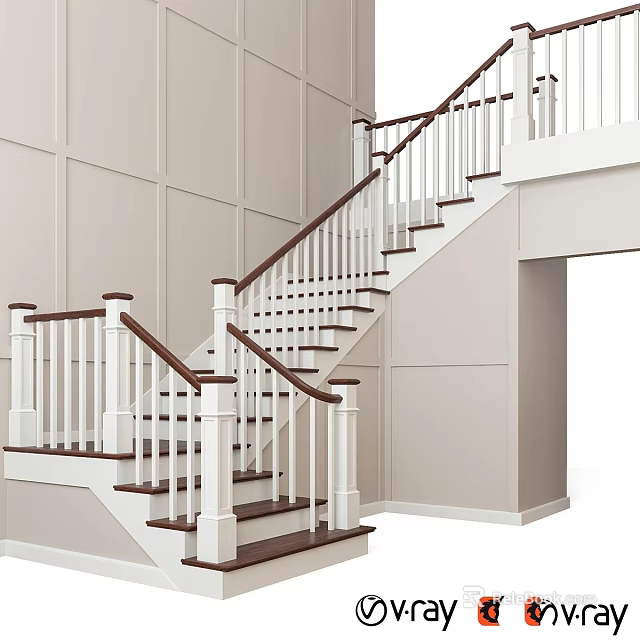 Modern Stairs Design With White Railings Wooden Steps And Beige Walls 3d model 