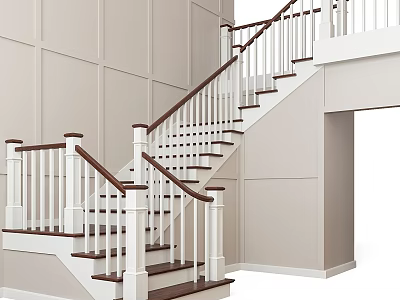 Modern Stairs Design With White Railings Wooden Steps And Beige Walls 3d model