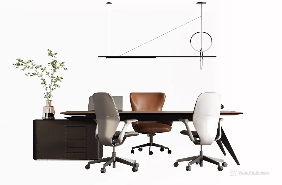 Modern Office Desk Setup With Multiple Chairs Drawer Cabinet Green Plant Vase And Hanging Lamp 3d model 