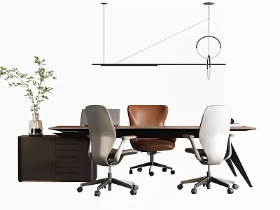 Modern Office Desk Setup With Multiple Chairs Drawer Cabinet Green Plant Vase And Hanging Lamp 3d model