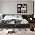 Modern Bedroom Interior Design With Comfortable Bed Patterned Rug Pendant Lighting And Artwork