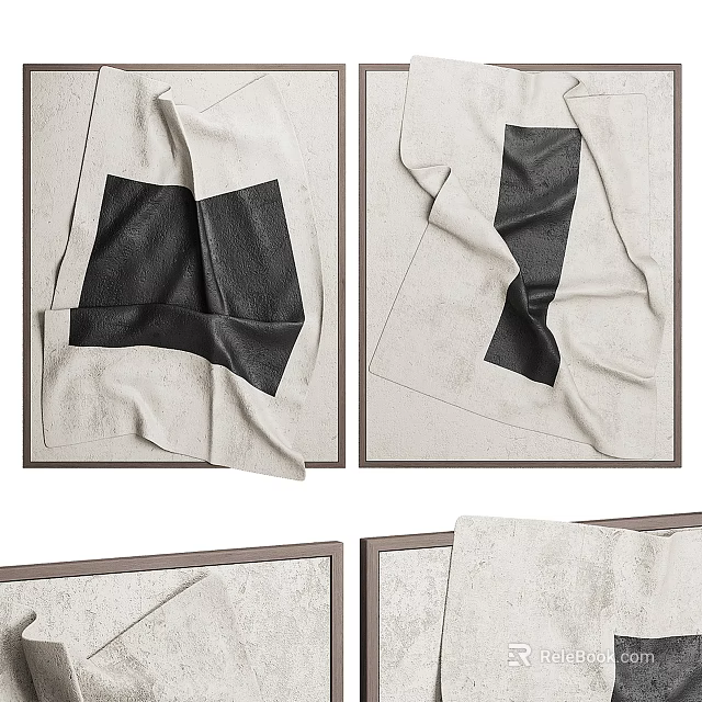 Four Panel Wall Art With Textured Fabric And Black Shapes 3d model