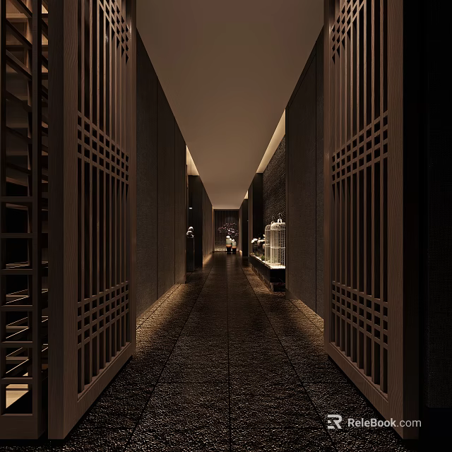 Modern Minimalist Elevator Hallway With Wooden Lattice Panels Stone Floor And Warm Lighting 3d model 