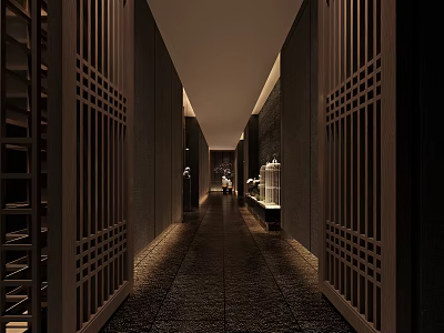 Modern Minimalist Elevator Hallway With Wooden Lattice Panels Stone Floor And Warm Lighting 3d model