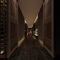 Modern Minimalist Elevator Hallway With Wooden Lattice Panels Stone Floor And Warm Lighting