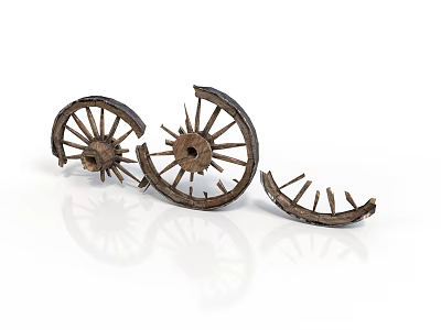 Antique Broken Wooden Cart Wheels With Spokes On White Background 3d model