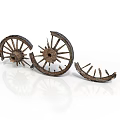 Antique Broken Wooden Cart Wheels With Spokes On White Background
