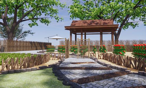 Chinese Style Vegetable Garden Vegetable Garden Landscape Park Ecological Road Stone Path Log Fence Back Garden Courtyard Leisure Gallery Pavilion 3d model