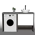 Modern Washbasin with White Cabinet Grey Countertop Washing Machine Black Faucet and Potted Plant