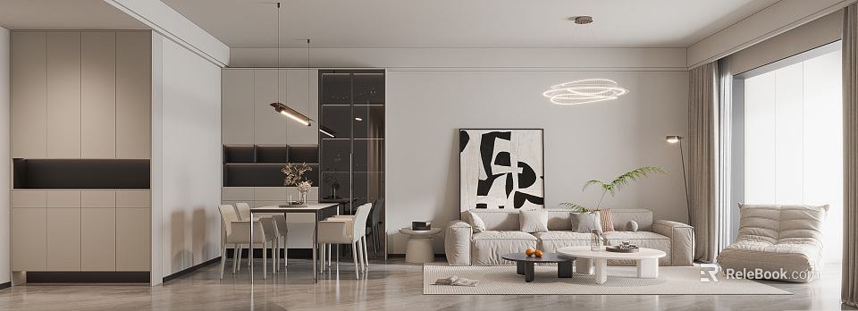 Modern Dining and Living Room Interior With Beige Sofa Dining Table And Abstract Painting 3d model 