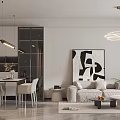 Modern Dining and Living Room Interior With Beige Sofa Dining Table And Abstract Painting