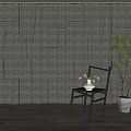 Gray Stone Wall with Irregular Stone Panels Top LED Lighting Black Chair and Potted Plant