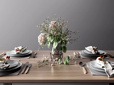 Elegant Dinnerware Set on Wooden Table with Plates Napkins Cutlery and Floral Vase 3d model