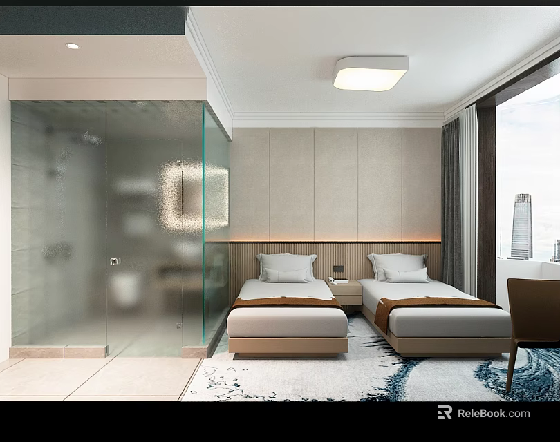 Modern Hotel Guest Room With Twin Beds Glass Shower Enclosure Large Window And Decorative Carpet 3d model 