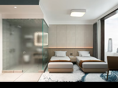 Modern Hotel Guest Room With Twin Beds Glass Shower Enclosure Large Window And Decorative Carpet 3d model