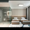 Modern Hotel Guest Room With Twin Beds Glass Shower Enclosure Large Window And Decorative Carpet