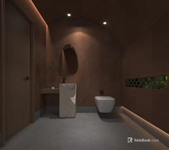 Modern Public Restroom Design With Brown Walls Oval Mirror White Sink And Toilet 3d model 